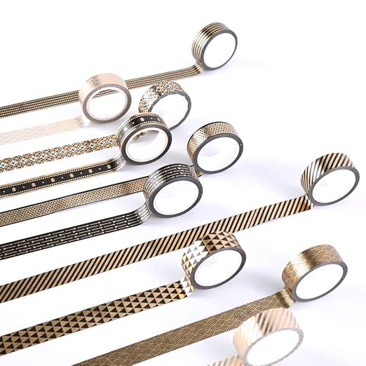 YUBBAEX 10 Rolls Washi Tape Set Black Gold Foil Print Decorative Tapes for Arts, DIY Crafts, Bullet Journals, Planners, Scrapbook, Wrapping (15mm) (Black Gold x 10 Rolls)