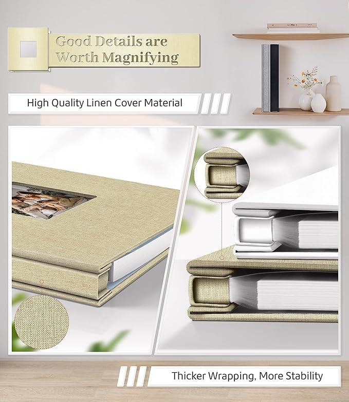 Photo Album Self Adhesive Scrapbook Album for 3x5 4x6 5x7 8x10 Pictures,40 Pages Linen Cover with Display Window DIY Photo Book,Ideal Gifts for Family Travel Wedding Baby