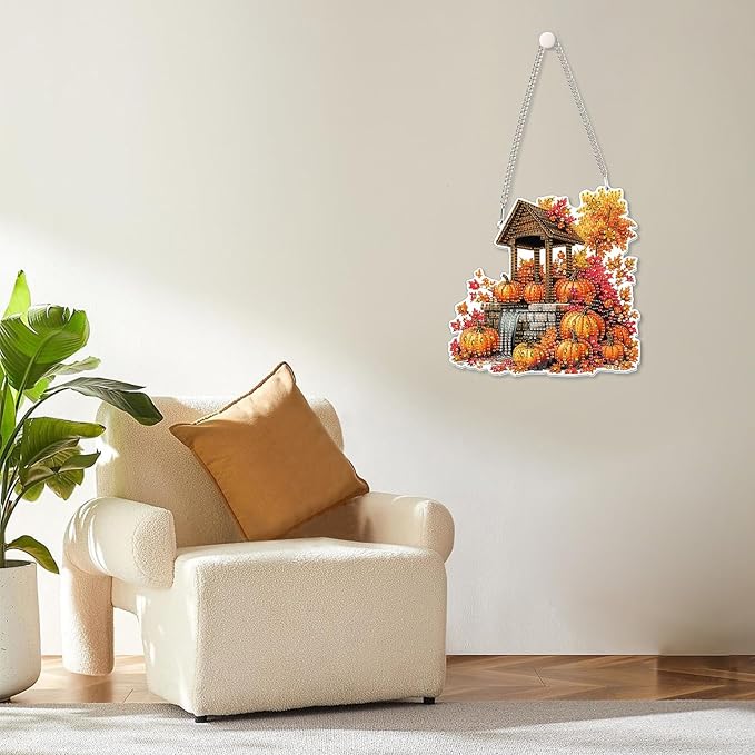 MOGTAA Fall Pumpkin Diamond Art Hanging Pendant Kits, Landscape Diamond Art Kits for Adults, 5D Special Shape Diamond Painting Gem Art for Home Garden Wall Decor