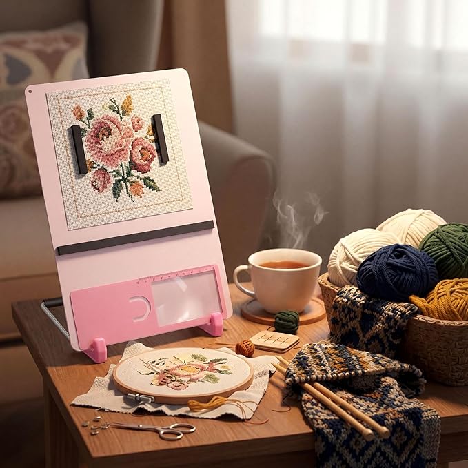 flutesan 8 pcs cross stitch accessories and tools 11.5 x 4.7 inch metal magnet board chart knitting pattern holder 2 bookmark magnifier with ruler 1 bracket 4 magnet strips for crafts work (pink)