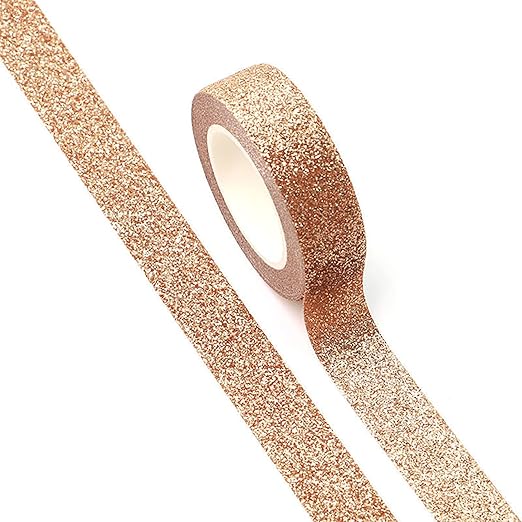 Glitter Washi Tape,3 Rolls 5/8"(15mm) rose gold Decorative Tape, Craft Self Adhesive Stick On Sticky Glitter Trim Gold ，Supplies for DIY, Bullet Journal, Craft, Gift Wrapping, Scrapbooking (Rose gold)