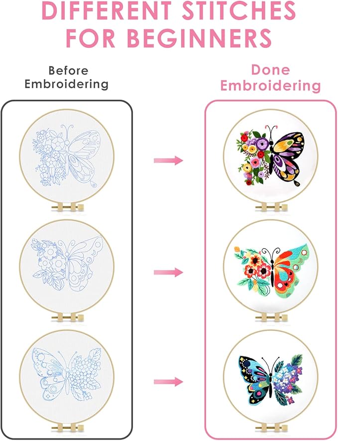 TINDTOP 3 Sets Embroidery Stitch Practice kit, Butterfly Flower Embroidery Kit for Beginners Include Cloth Hoops Threads for Craft Lover Hand Stitch with Embroidery Skill Techniques