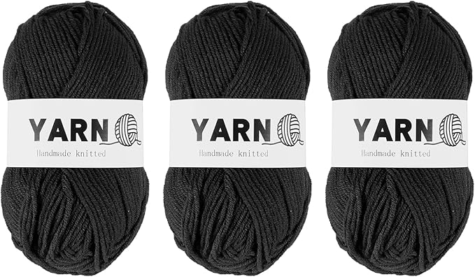 3Pcs Black Acrylic Yarn 400 Yard 4 Ply Soft Crochet Yarns Sport Weight Yarn,[for DIY Crocheting Knitting Craft Blankets Hats]-150g