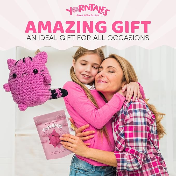 YarnTales DIY Pink Kitten Crochet Kit - Beginner Craft Kit with All Included Supplies & Video Tutorials - Great Valentine’s Day Gift for Teens & Adults