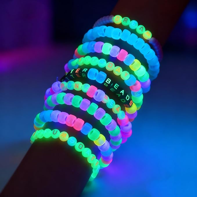 1000Pcs 6x9mm Glow in The Drark Pony Beads for Jewelry Making, 5 Style Color Kandi Hair Beads for Braids, Bracelets Making Kit, with Stretch Cord and Scissors