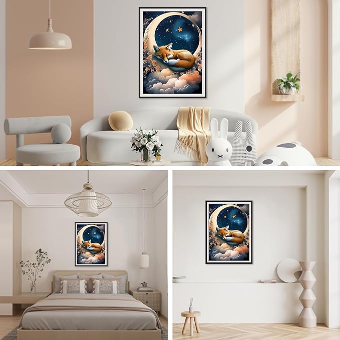 SENQAO Fox Diamond Painting Kits, Fox Diamond Art Kits for Adults, Moon Diamonds Gem Art DIY 5D Full Round Drill Diamond Dots Painting Arts and Crafts Home Wall Decor 12x16inch