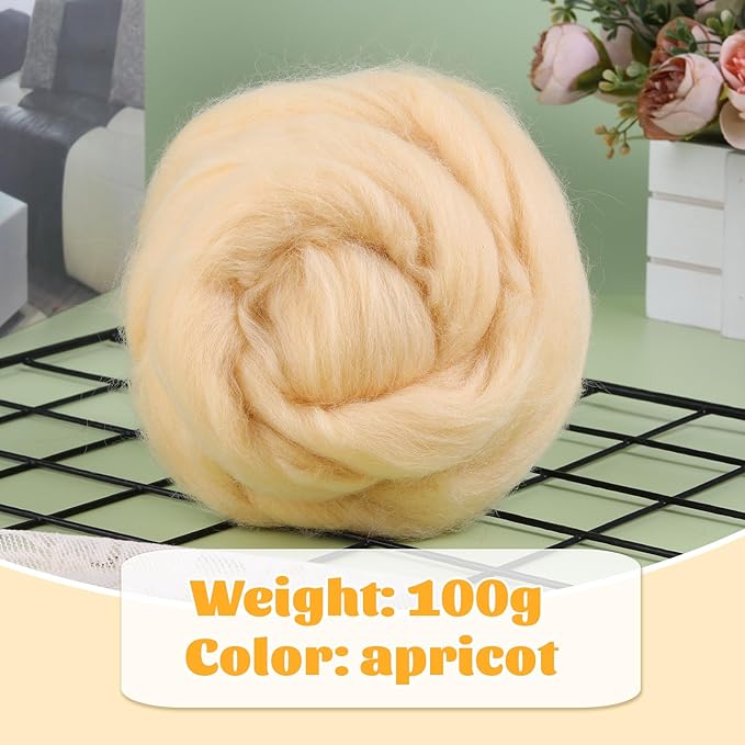 3.53oz Wool Roving, Wool Felting Supplies, Pure Wool, Chunky Yarn, Spinning Wool Roving for Needle Felting Wet Felt DIY Hand Spinning (Light Apricot)