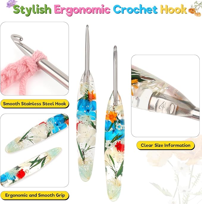 Katech 4.0mm Crochet Hook for Arthritic Hands, Hand-Polished Stainless Steel Ergonomic Crochet Hooks with Customized Sparkle Dried Floral Grip, Soft Tapered Hook-Crochet Gift for Beginner & Crocheter
