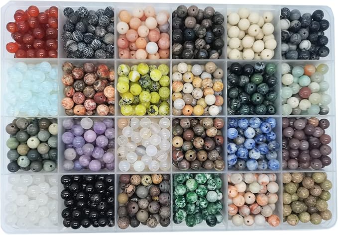 Yephac 1200pcs 6mm Natural Round Stone Beads - Gemstone Loose Beads Hole Size 1mm for Bracelet Necklace Earrings Jewelry Making, Box Packed (24 Material-2, 6mm)