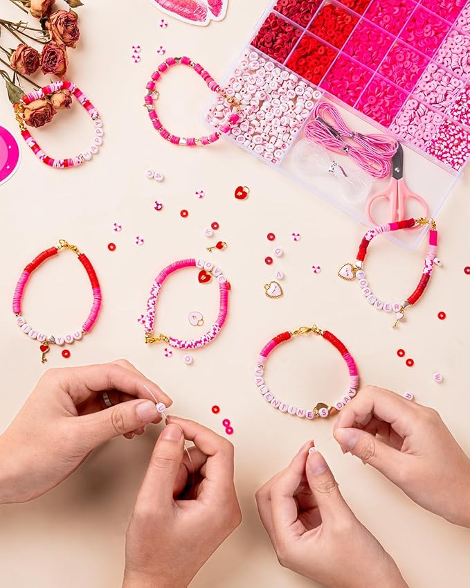 Goldwise Valentine's Day Friendship Bracelet Kit, Pink Beads, Jewelry Making Kit with Pink Clay Beads, Letter Beads and Charms, GIFS for Fans, Couples and Best Friends