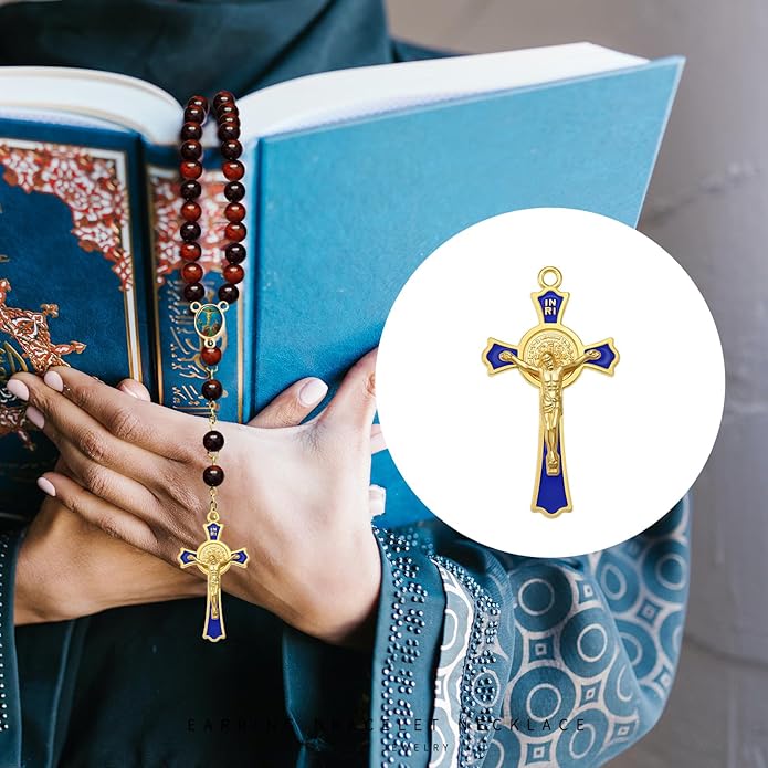 24Pcs/12Sets Rosary Kits Making Supplies Religious Cross and Center Medal Charm Alloy Enamel Saint Benedict Crucifix Pendant Beads for Adults Diy Catholic Jewelry