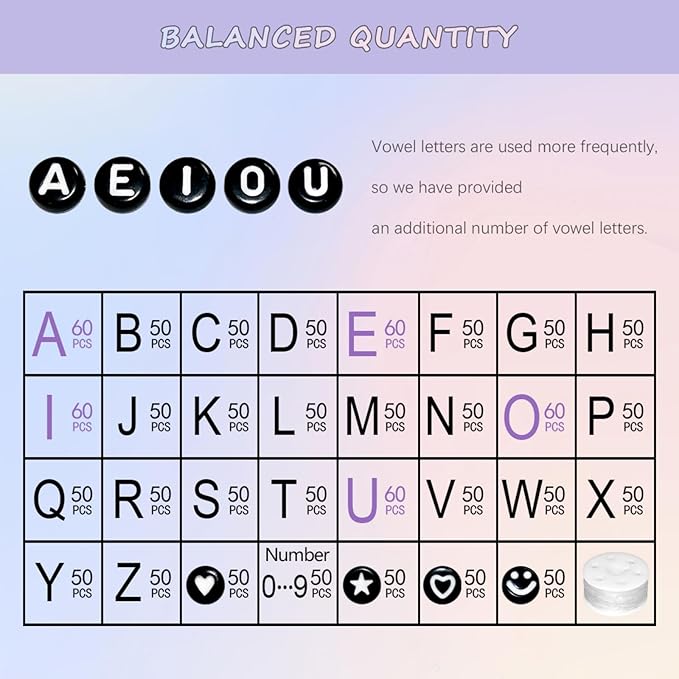 Amaney 1600pcs Black Letter Beads 4x7mm Round Acrylic Alphabet A-Z Number Star Smiley Beads and Heart Pattern for Jewelry Making