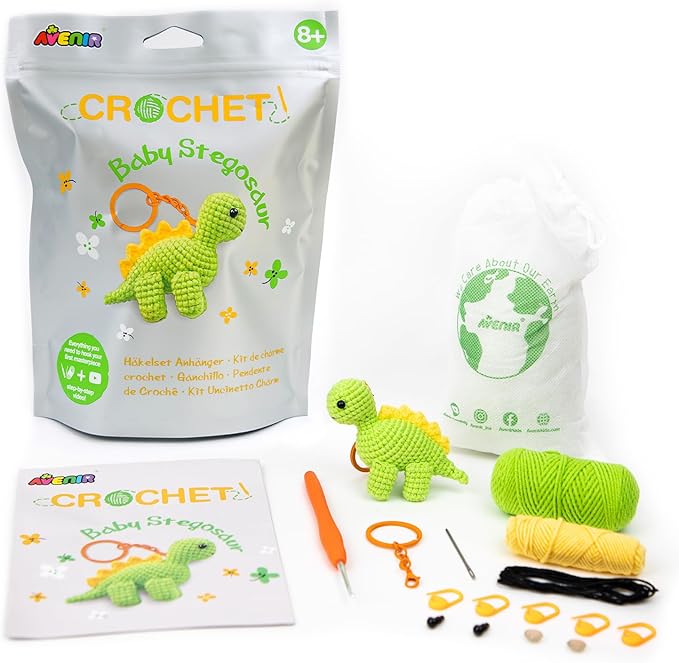 Avenir Beginner Crochet Kit for Adults & Teens - Small Portable Animals Kit with Keychain, Complete Supplies & Video Tutorials, Perfect Arts & Crafts Gift for Women & Girls (Baby Stegosaur)