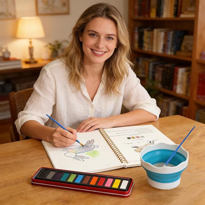 Watercolor Workbook for Beginners, Watercolor Coloring Books for Adults, Easy Water Coloring Book, Animal Water Color Paint Set Painting Kit with 1 Spiral Sketchbook, 12 Colors, 2 Brushes, 1 Bucket