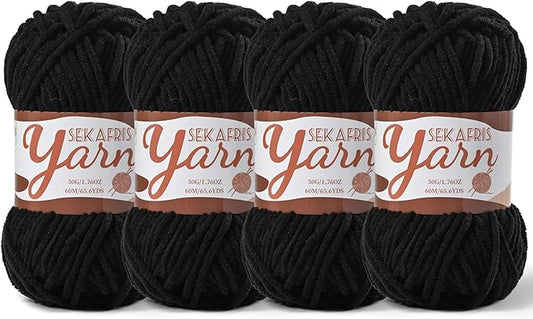 4 Pack Fluffy Velvet Yarn for Crocheting，Baby Blanket Yarn for Crocheting Soft，200g(262.4yds) Amigurumi Yarns，Plush Chenille Crochet Yarns，Puzzle Yarn for Crochet Weaving Craft(4 Black)