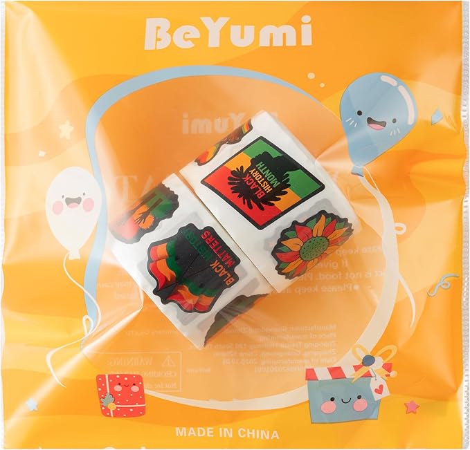 beyumi black history month sticker - 1000pcs black history month stickers in 2 rolls waterproof vinyl kwanzaa juneteenth african american celebration decals party laptop bottle scrapbooking decoration