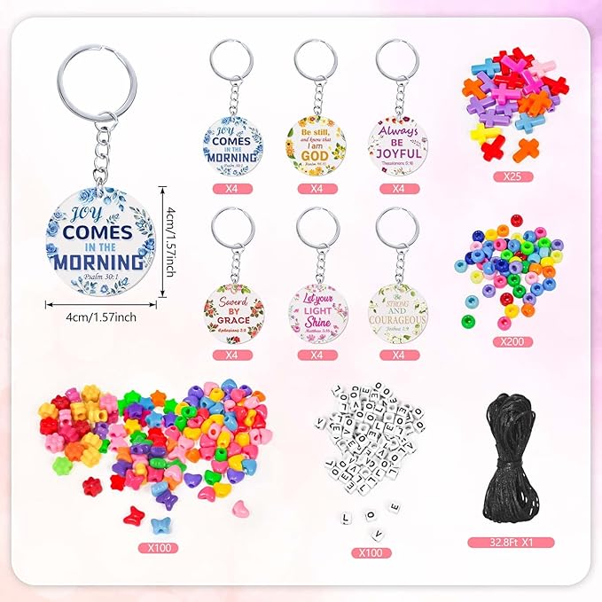 Cinrobiye 24 Set Christian Keychain Making Craft Kit, DIY Religious Bible Verse Keychains Inspirational Cross Beads Key Ring Women Teacher Appreciation Gifts for VBS Week Sunday Church School