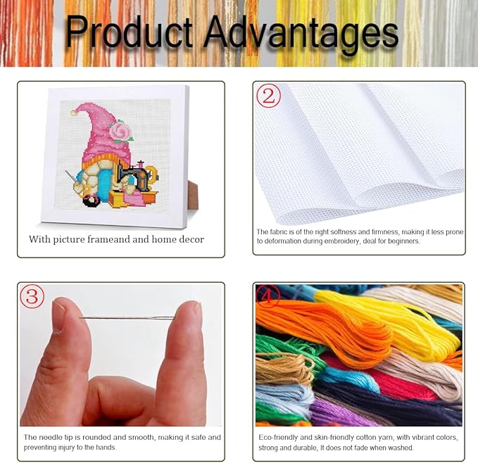 VIGEGU Gnome Cross Stitch Kits for Adults,Sewing Machine Stamped Cross Stitch Embroidery Kit for Beginners with Wooden Framed, Arts and Crafts for Girls 8-12 Partial 11CT Cross-Stitch 7.9x7.9inch