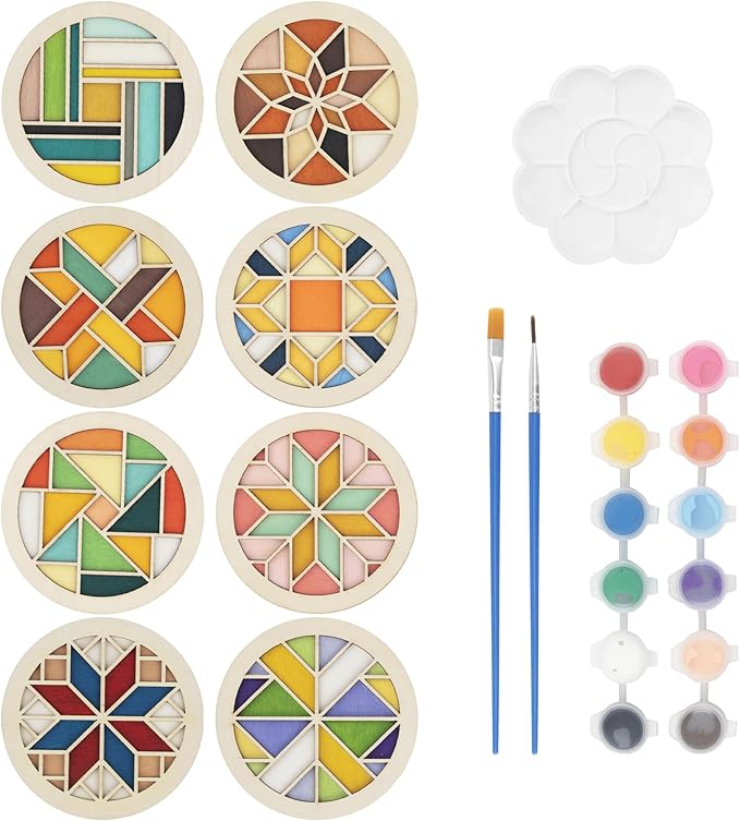 Temlum Wooden Coasters Painting Kit, Paint You Own Coaster Wooden Painting Craft Kit for Adults and Beginners Art Craft Supplies (Barn Quilt)