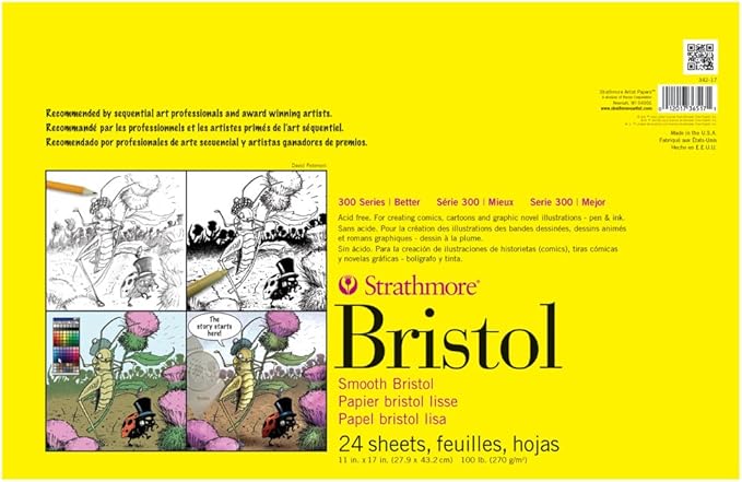 Strathmore 300 Series Bristol Paper Pad, Smooth, Tape Bound, 11x17 inches, 24 Sheets (100lb/270g) - Artist Paper for Adults and Students - Markers, Pen and Ink