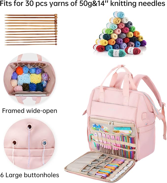 Leudes Knitting Bag Backpack, Yarn Storage Organizer Large Crochet Bag Tote Christmas Gift Yarn Holder Case for Carrying Projects, Knitting Needles (Upgraded Pink)