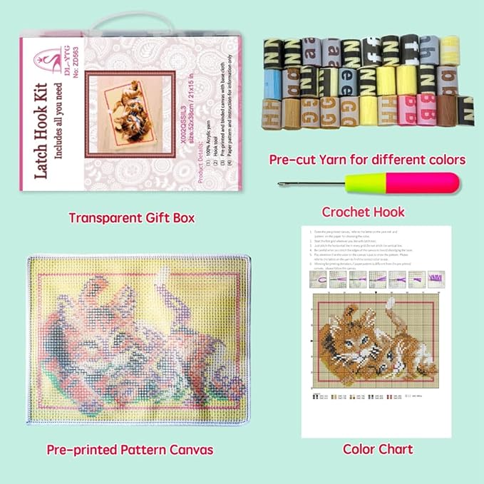 DL-YTG Latch Hook Kits Rug Cat Crochet Yarn Cushion Colour Pre-Printed Canvas Cover Rug Needlework DIY Hook and Latch Kit Home Decoration 52x38cm/20 X15inch