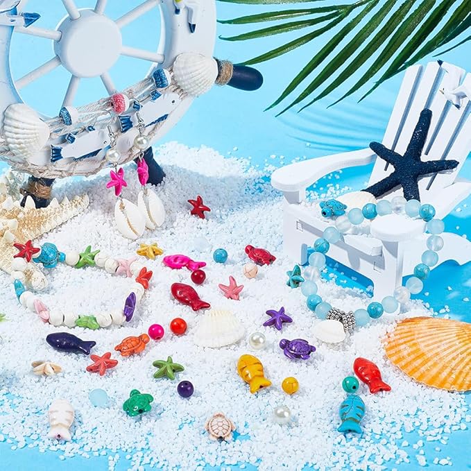 SUNNYCLUE 1 Box 200+Pcs Turtle Beads Starfish Beads Bulk Bohemian Style Natural Shell Charms Colorful Fish Charm Summer Ocean Sea Animal 8mm Round Glass Spacers for Jewelry Making Beading Kits