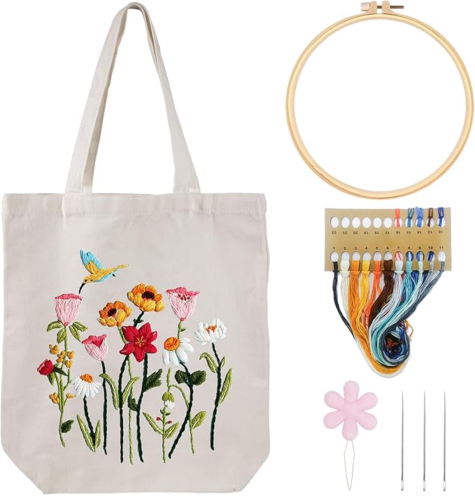louise maelys embroidery kit canvas tote bag for beginners,cross stitch kits for adults,diy crafts needlepoint include hummingbird floral pattern,women shopping reusable grocery bags