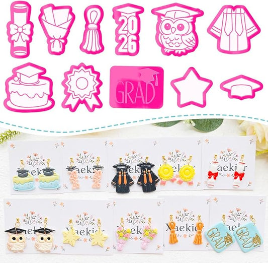 Graduation Polymer Clay Cutters & Stamp Set - 11pcs Sharp & Durable 2026, Owl, Cap, Gown, Diploma, Cake & Star Shapes for DIY Earring Jewelry Making, Soft Clay Crafts & Class Party Supplies