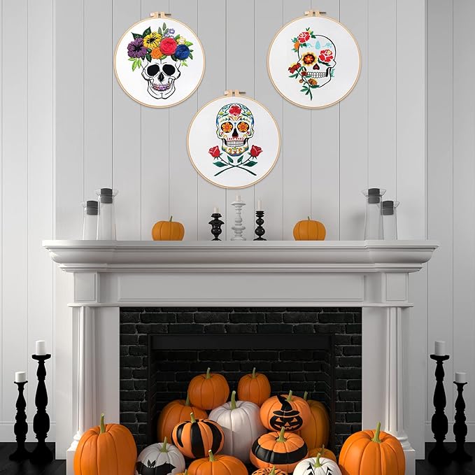 Nuberlic 3 Pack Halloween Skull Embroidery Kit for Adults Beginner Cross Stitch Kits for Starters with Skull Patterns Include 3 Hoop Cloth Thread Needles and Instructions