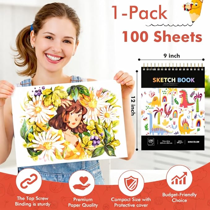 soucolor 9" x 12" sketch book, 100 sheets spiral bound art sketchbook, acid free artist drawing book paper, art supplies for adults, craft activities, sketch paper for drawing coloring sketching