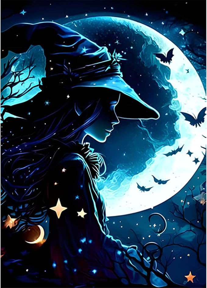 SENQAO Halloween Diamond Painting Kits for Adults, Moon Witch Pumpkin Diamond Art Kits Full Drill Bats Star Diamond Dots Paint with Diamonds Gem Arts and Crafts Home Wall Decor 12x16inch