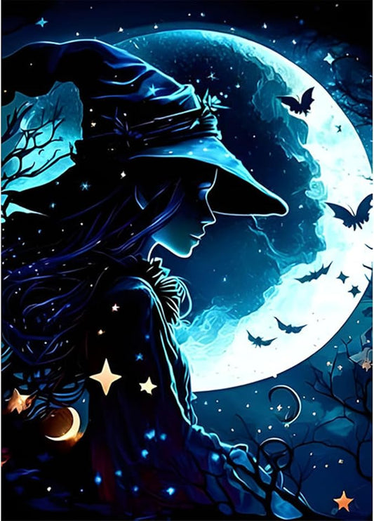 SENQAO Halloween Diamond Painting Kits for Adults, Moon Witch Pumpkin Diamond Art Kits Full Drill Bats Star Diamond Dots Paint with Diamonds Gem Arts and Crafts Home Wall Decor 12x16inch