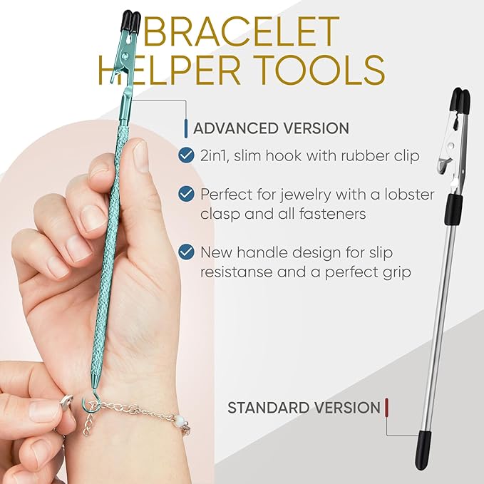 Bracelet Helper Tool with Hook - Fastener Helper Tool for Bracelet, Necklace, Jewelry, Watch - Clip, Clasp Helper - Portable, Easy-to-Use, Made of Metal - Teal