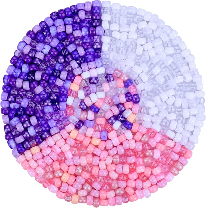 plastic pony beads for jewelry making, 1200 pieces, multi-color, 0.35 x 0.22 inch, diy craft beads for bracelets and hair braids (purple+white+pink)