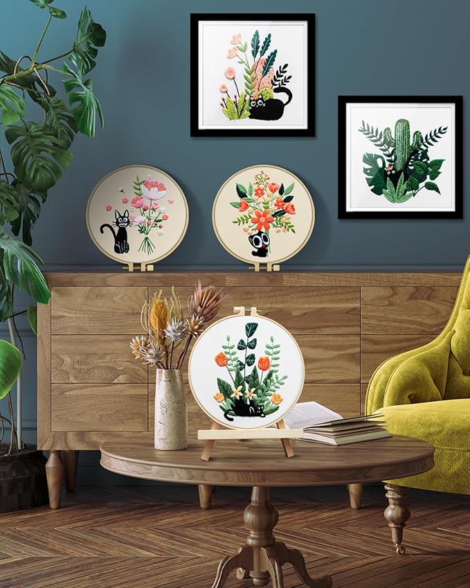 TINDTOP Embroidery Kit for Adults, Embroidery Kit for Beginners Include Embroidery Cloth Hoops Threads for Craft Lover Hand Stitch with Embroidery Skill Techniques (Black Cat)