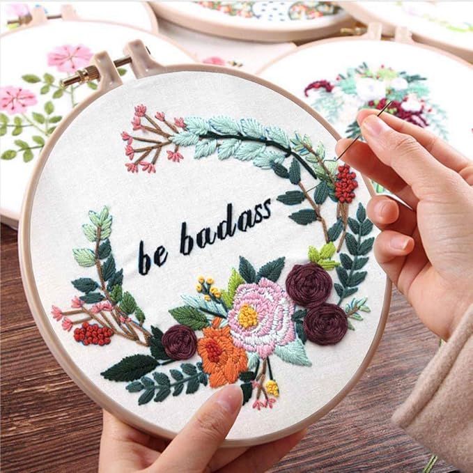 Louise Maelys Embroidery Starter Kit with 3 Hoops for Adults Funny Floral Wreath Pattern for Beginners Needlepoint Kits