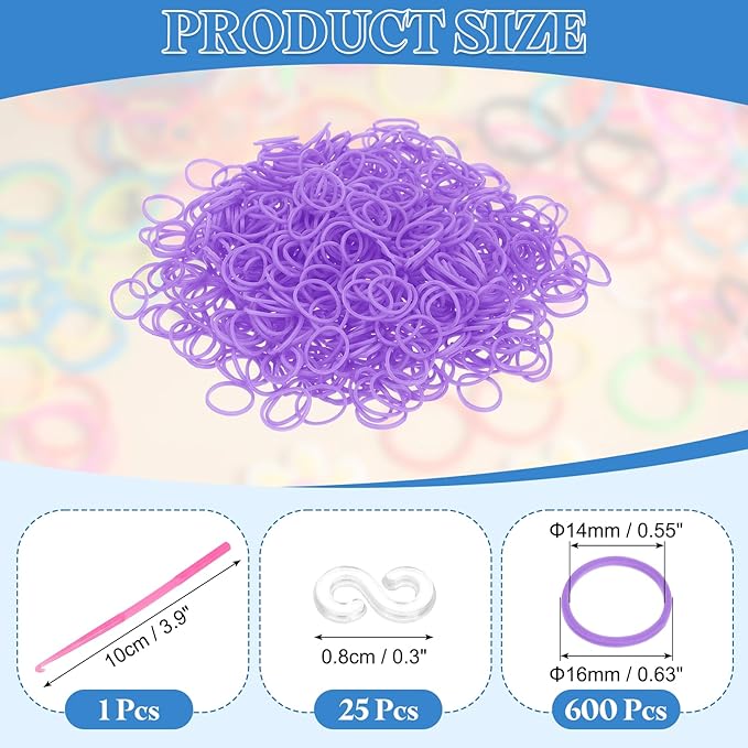 uxcell 600Pcs Loom Rubber Band, Bracelet Making Refill Kit Elastic Loom Band with 25Pcs S-Clips and 1Pcs Crochet Hooks for Weaving DIY Handcrafts, Light Purple