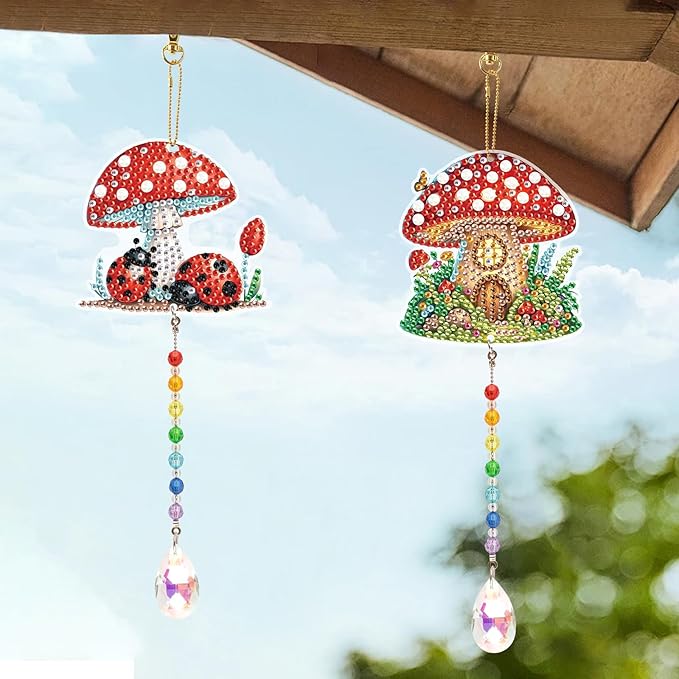 LazyFold 2 Pcs Diamond Painting Wind Chime Kits,Red Mushroom DIY Diamond Art Painting Wind Chime Kits Crystal Art Suncatchers for Adults Home Garden Window Craft Gift