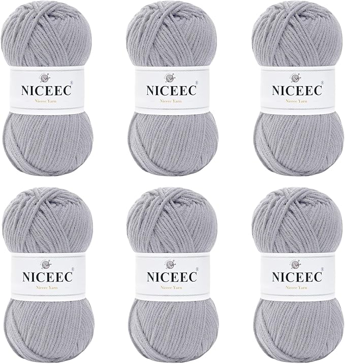 NICEEC 300g Soft Assorted Colors Yarn - Sport Weight,100% Acrylic, 4 Ply, Bonbons Yarn for Crochet & Knit, DIY Project Starter Kit for Kids or Adults(Total 870yds) - Light Gray