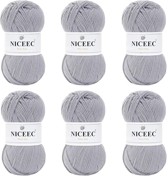 NICEEC 300g Soft Assorted Colors Yarn - Sport Weight,100% Acrylic, 4 Ply, Bonbons Yarn for Crochet & Knit, DIY Project Starter Kit for Kids or Adults(Total 870yds) - Light Gray
