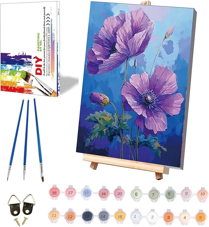 Easy Flower Paint by Numbers for Adults with Framed Canvas - with Wooden Easel, Flowers Paint by Number for Beginners, DIY Acrylic Oil Painting on Canvas with Brushes for Home Wall Decor (8x12 inch)