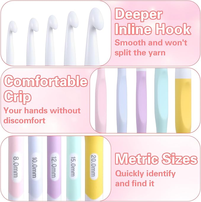 Ouligay 5PCS Large Crochet Hooks Set 8mm 10mm 12mm 15mm 20mm Ergonomic Crochet Hooks Long Crochet Needles for Chunky Yarn Knitting Blankets Shawl Carpet Scarves Multicolor