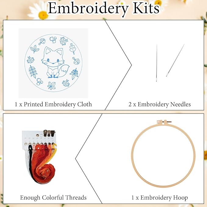 Louise Maelys Starter Embroidery Kits with Fox Pattern DIY Full Range Easy Needlepoint Cross Stitch Kits for Adults, Beginners with Stamped Animal Pattern