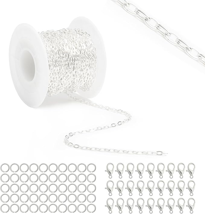 Lemonkey 33 Feet Metal Silver Necklace Chains Cable O-Shaped Links Chains Bulk for Jewelry Making DIY Craft Kit with Lobster Clasps Jump Rings