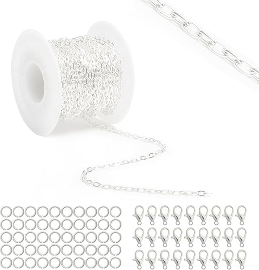 Lemonkey 33 Feet Metal Silver Necklace Chains Cable O-Shaped Links Chains Bulk for Jewelry Making DIY Craft Kit with Lobster Clasps Jump Rings