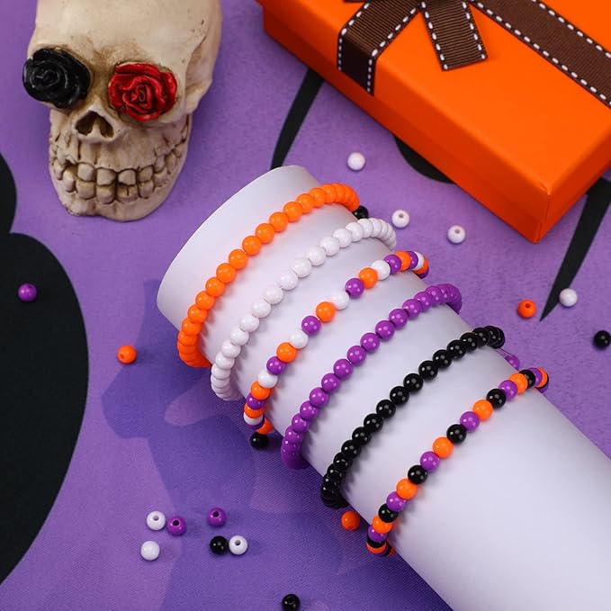 UPINS 1500 Pcs Halloween Beads for Jewelry Making Bracelets Crafts 6mm Halloween Spacer Hair Pony Beads Round Plastic Small Charms Orange Purple Black White DIY for Necklace Supplies