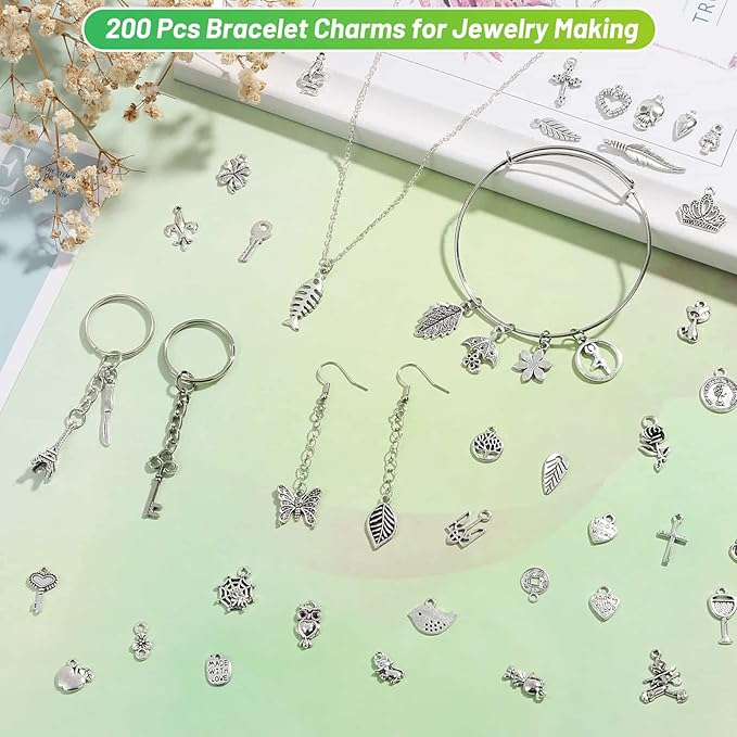 Acejoz 200Pcs Silver Charms for Jewelry Making and Bracelets, Wholesale Bulk Assorted Mixed Tibetan Earring Charms for DIY Necklace Bracelet Jewelry Making and Crafting