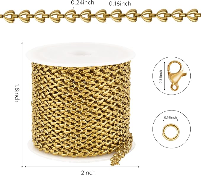 Kyutong 5M/16.4FT Stainless Steel Jewelry Making Supplies Gold Plated Chains Bulk Hollow Heart Chain Links on Spool with Lobster Clasps Jump Rings