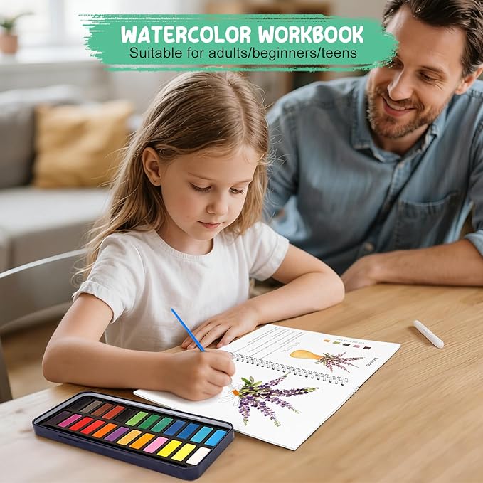 Floral Watercolor Workbook for Beginners with 24 Colors Paint Set – Water Coloring Book with 12 Flower Designs, Step-by-Step Painting Guide, Relaxing Watercolor Workbook Art Kit for Adults Teens